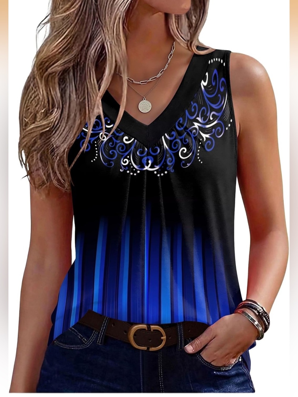 Zeagoo Tank Top Summer Sleeveless Loose Fit V Neck Pleated Basic Dressy Casual